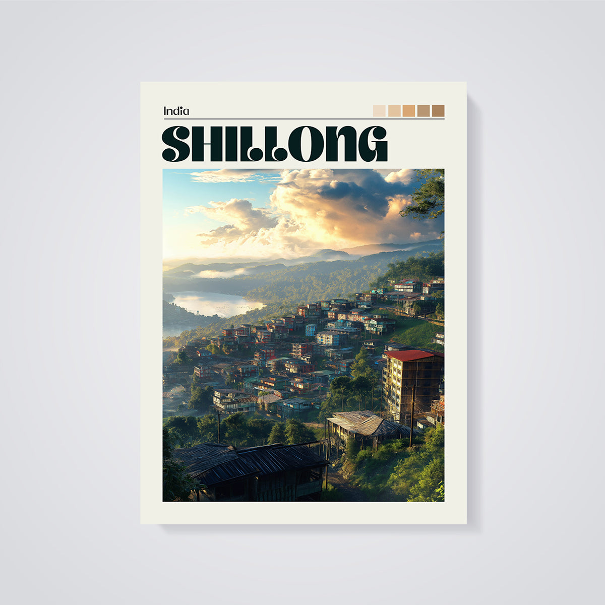 Shillong Hillside Town Print unframed on a grey background