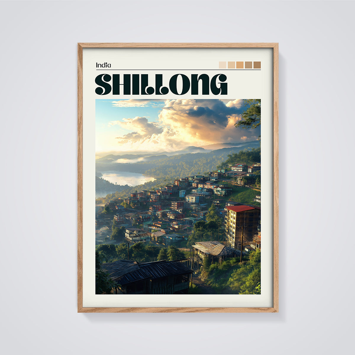 Shillong Hillside Town Print framed in oak on a grey background