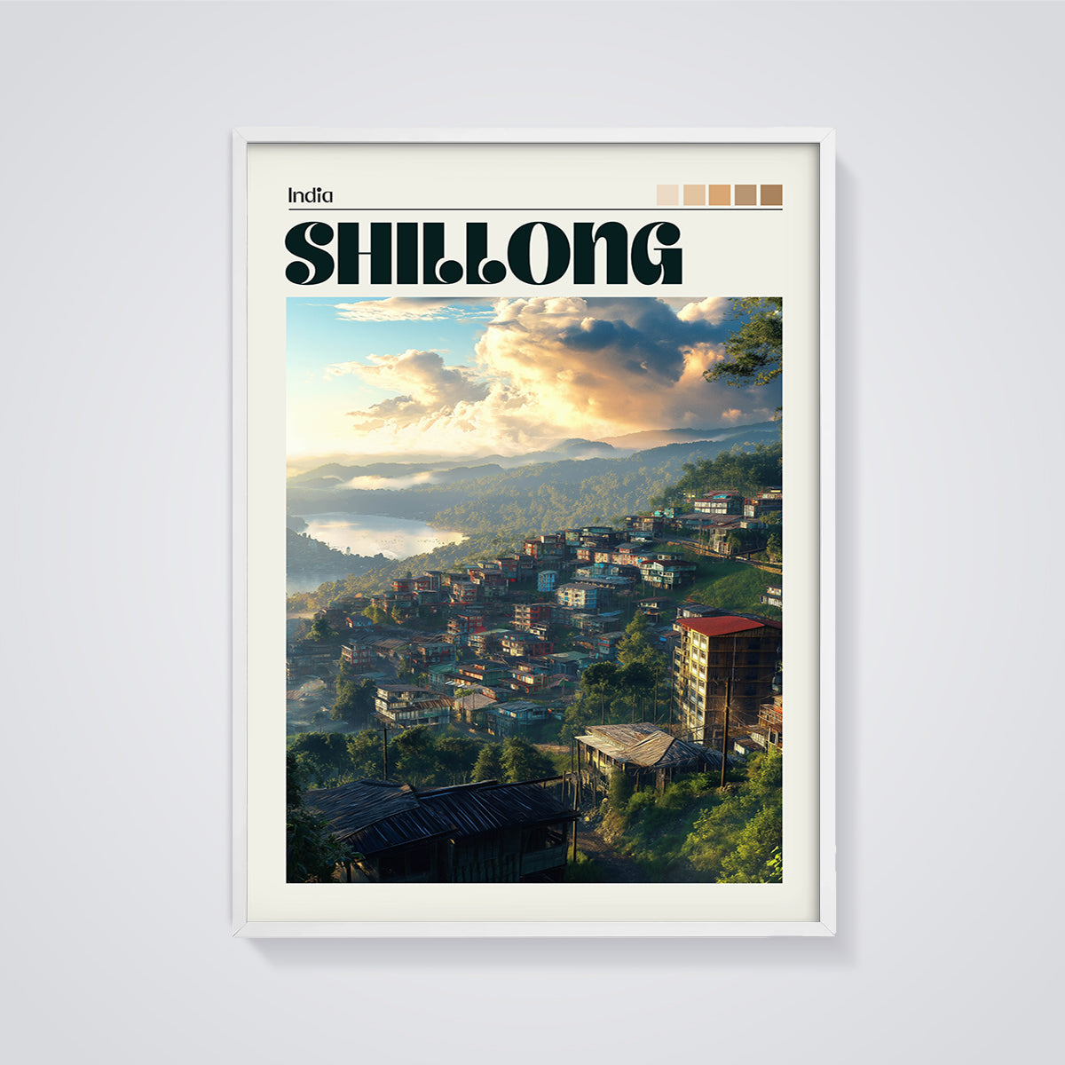 Shillong Hillside Town Print framed in white on a grey background