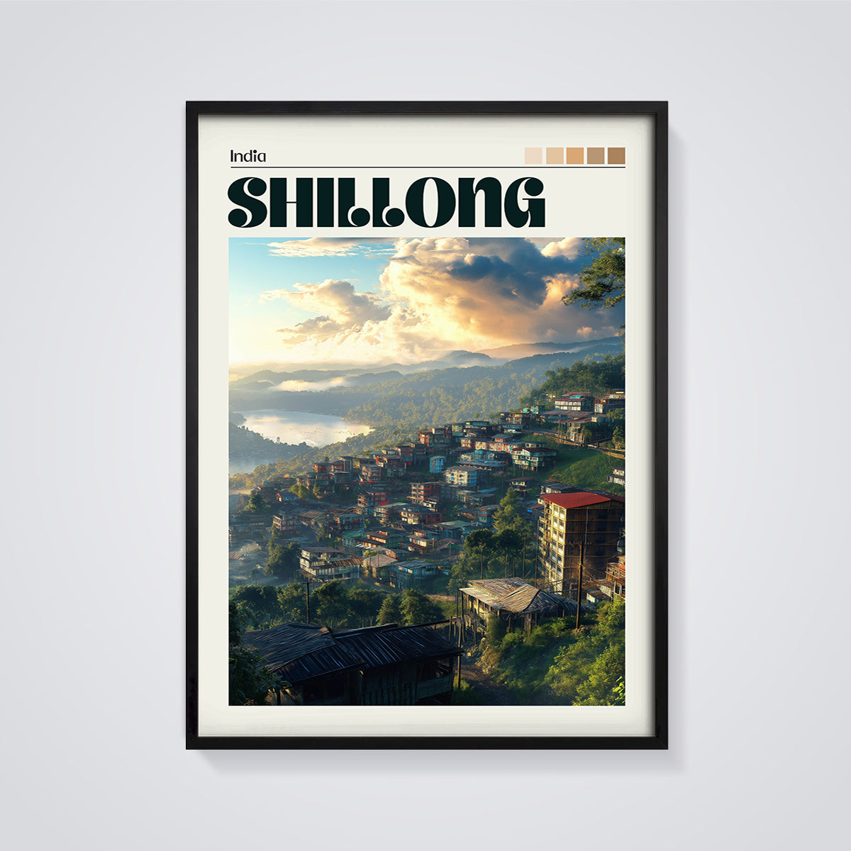 Shillong Hillside Town Print framed in black on a grey background