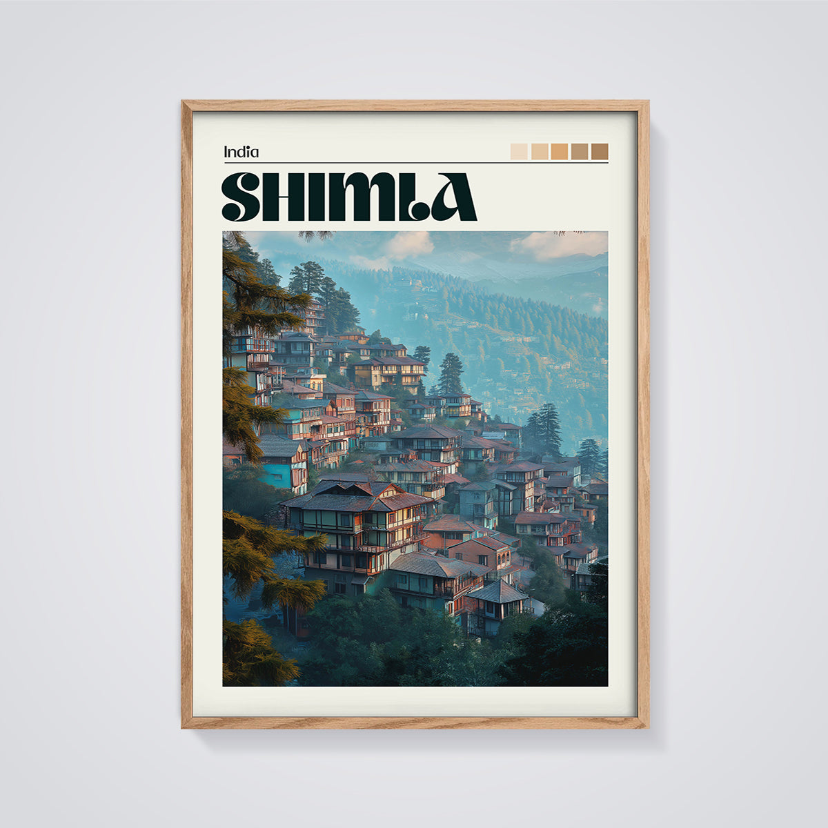 Shimla India Hill Station Print framed in oak on a grey background