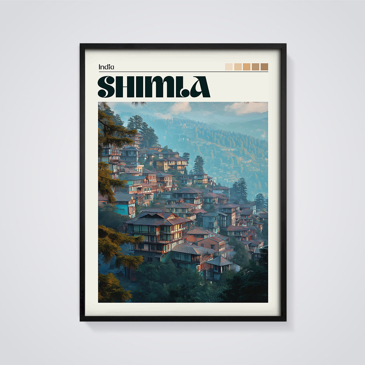 Shimla India Hill Station Print framed in black on a grey background