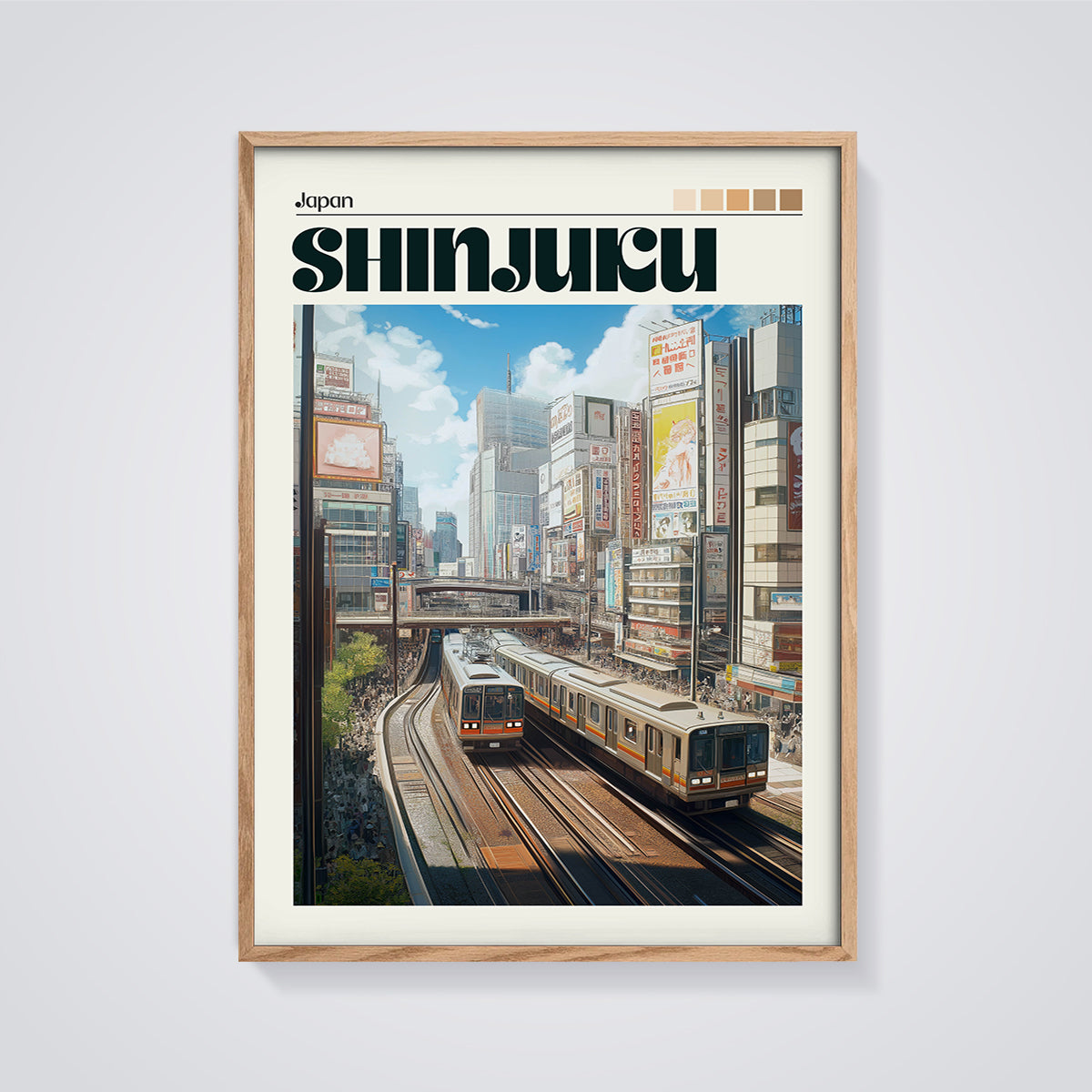 Shinjuku Japan Train Print framed in oak on a grey background