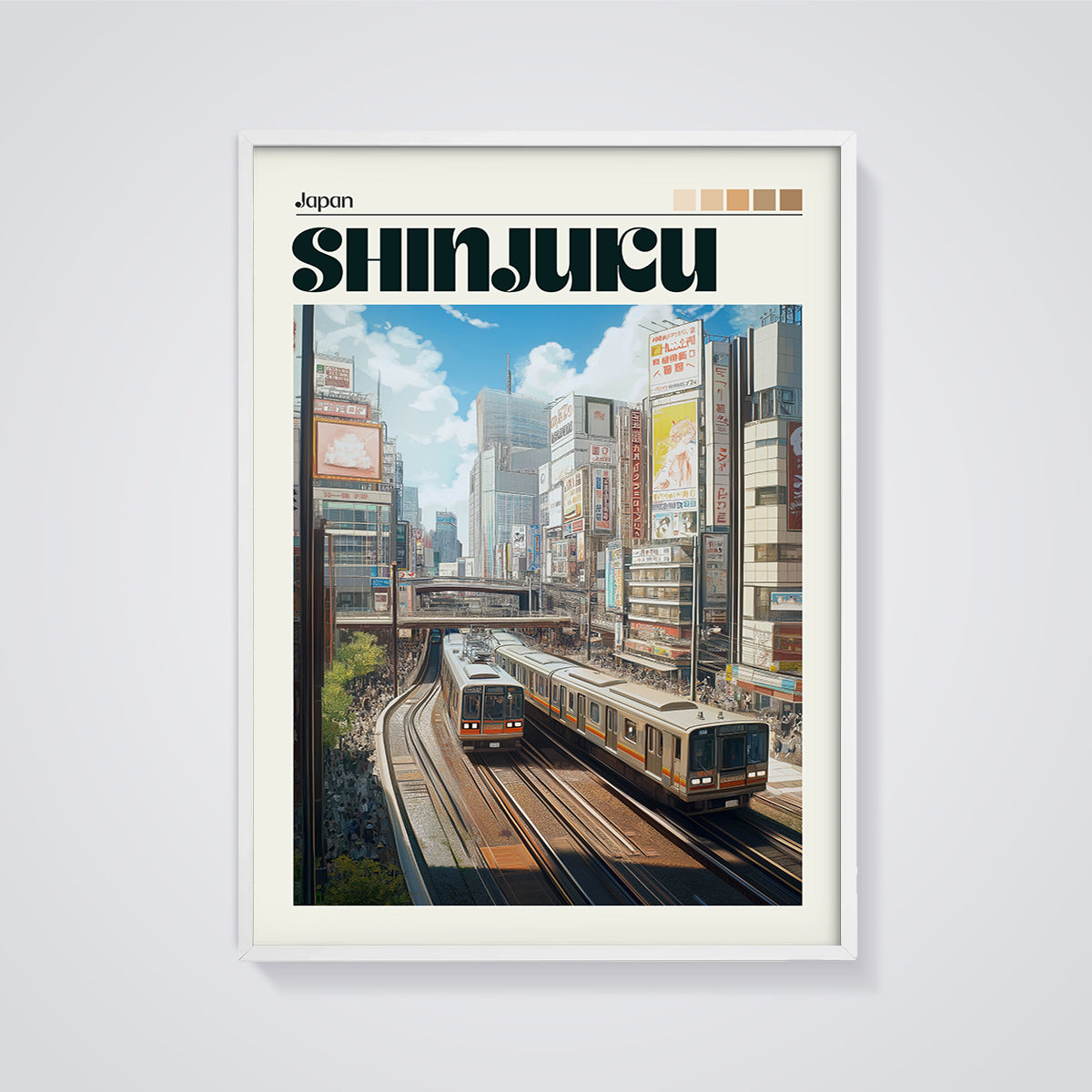 Shinjuku Japan Train Print framed in white on a grey background