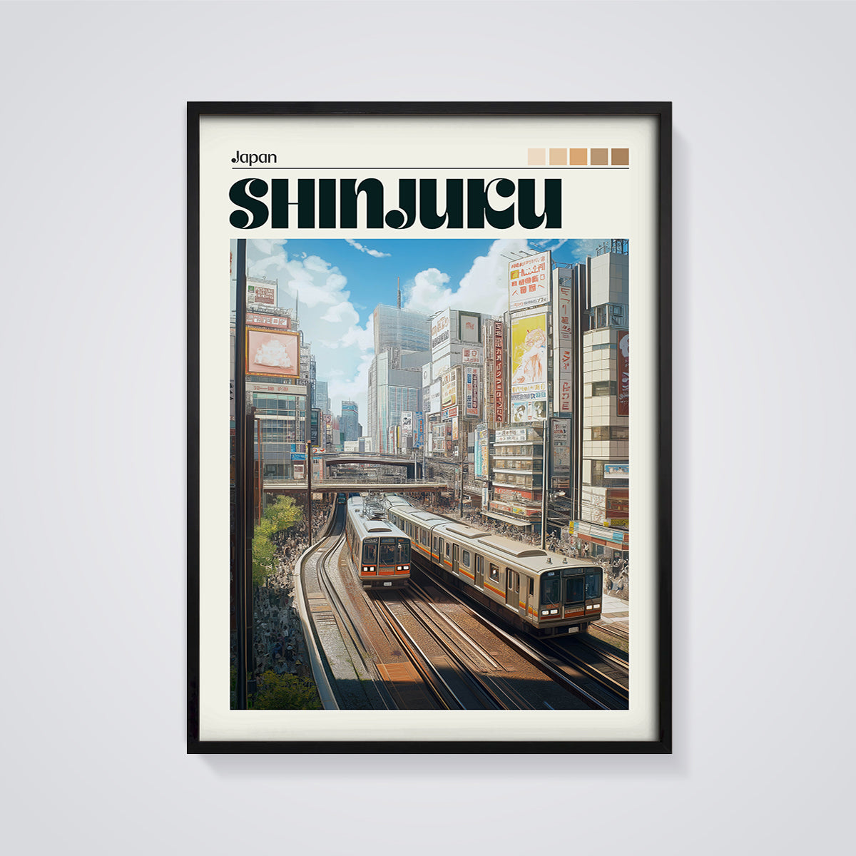 Shinjuku Japan Train Print framed in black on a grey background