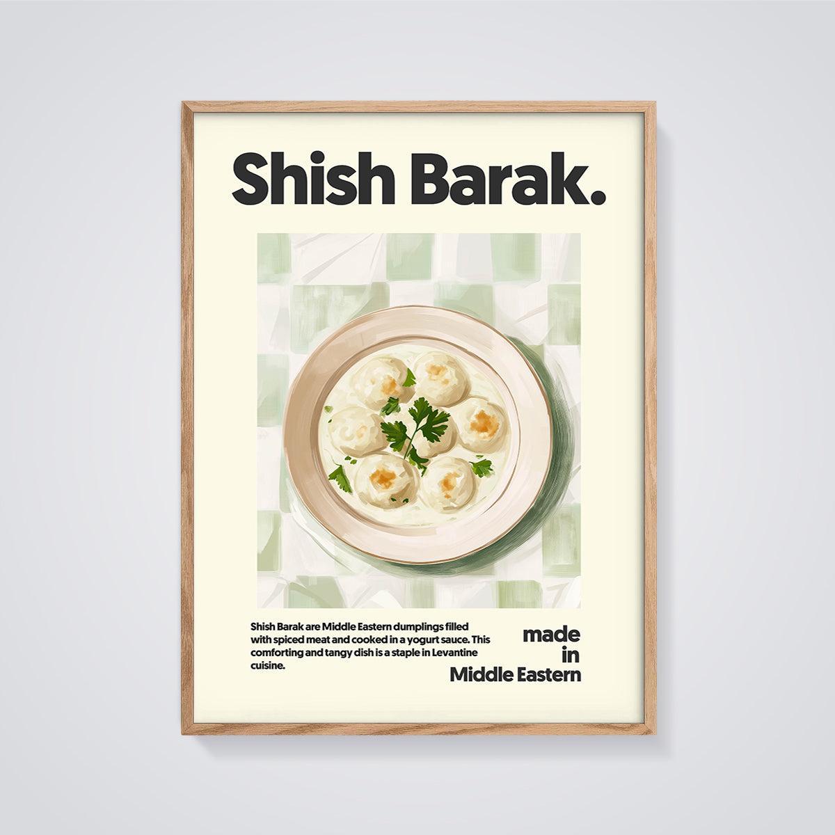 Shish Barak Dumplings Print framed in oak on a grey background