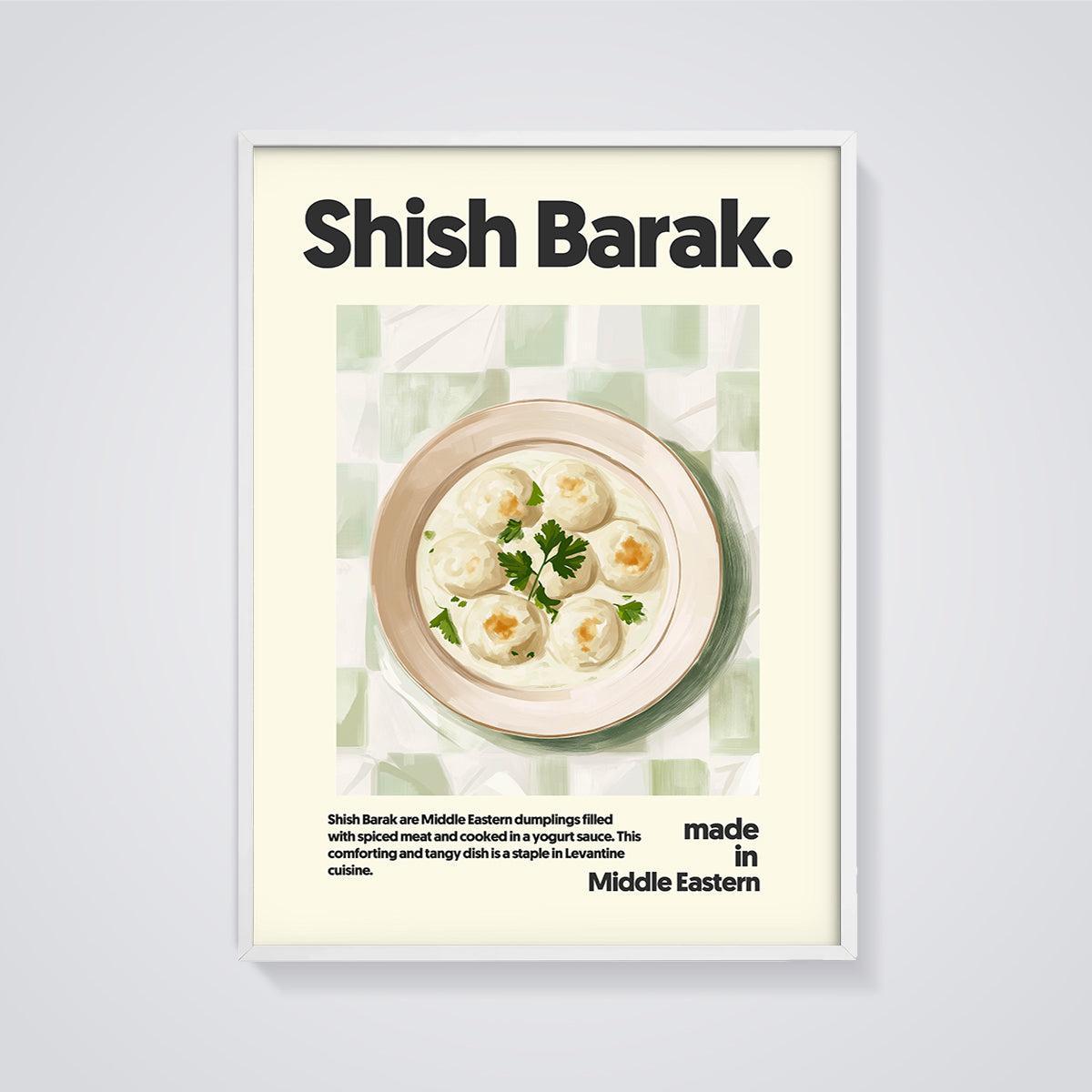 Shish Barak Dumplings Print framed in white on a grey background