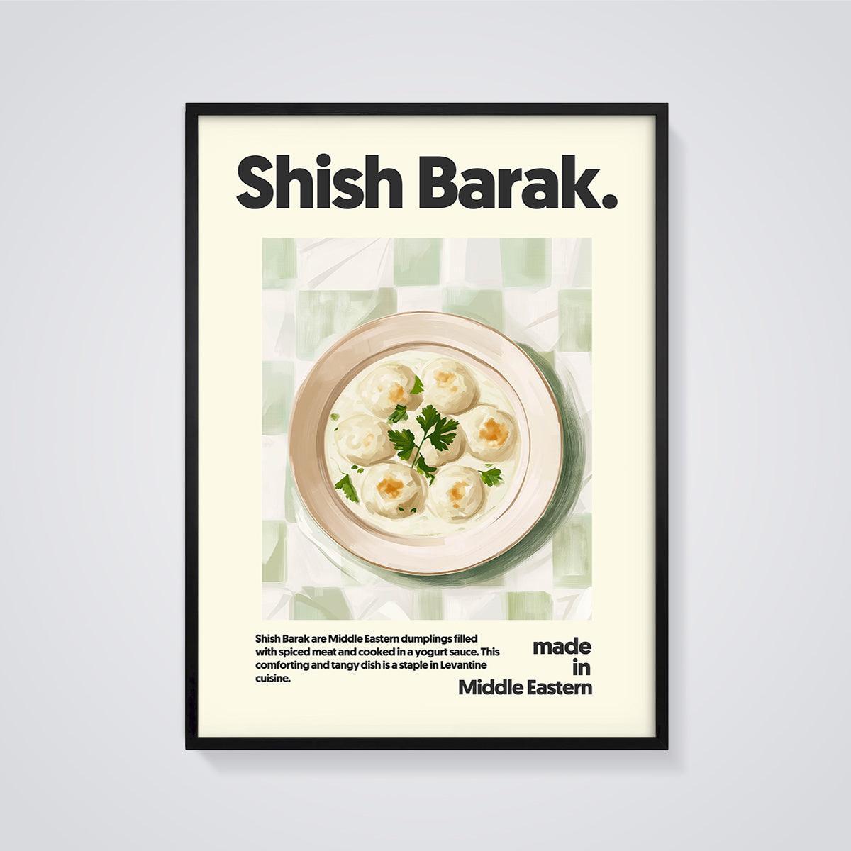 Shish Barak Dumplings Print framed in black on a grey background