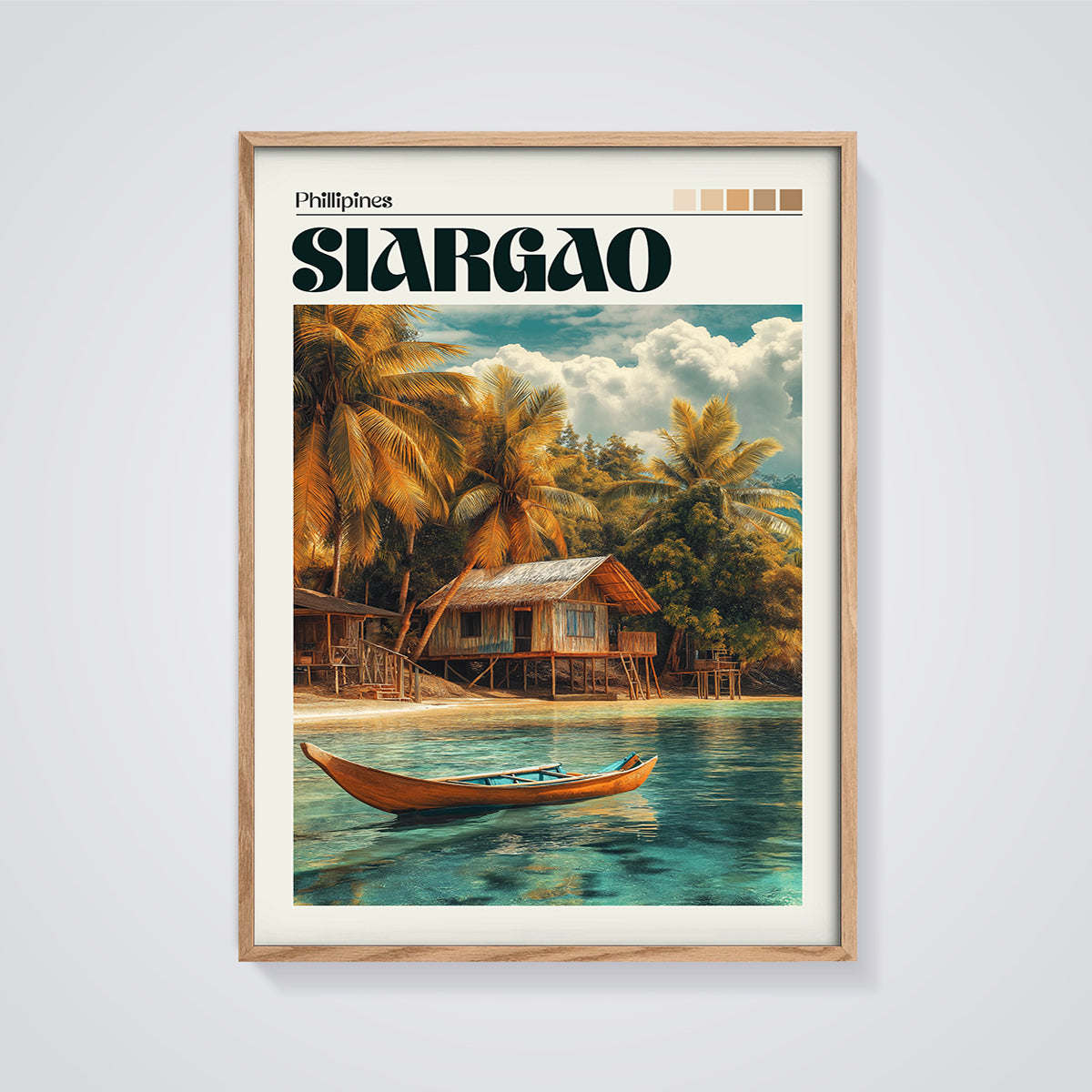 Siargao Beach Stilt House Print framed in oak on a grey background