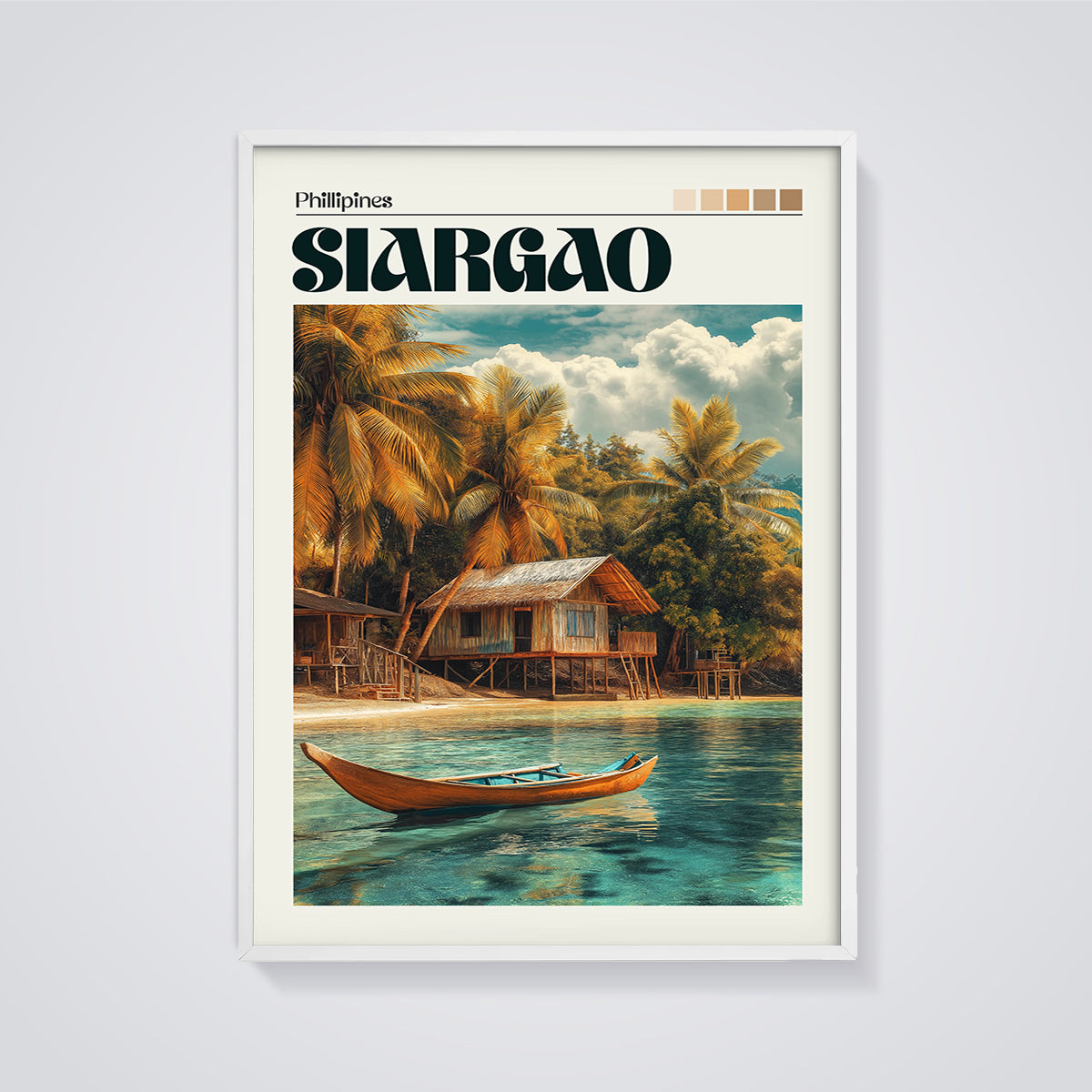 Siargao Beach Stilt House Print framed in white on a grey background
