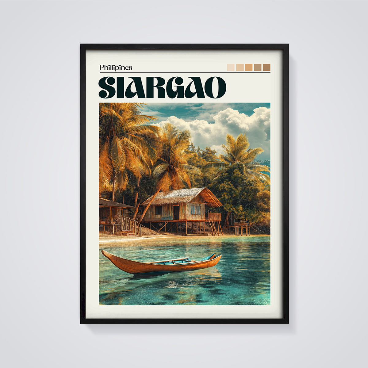 Siargao Beach Stilt House Print framed in black on a grey background