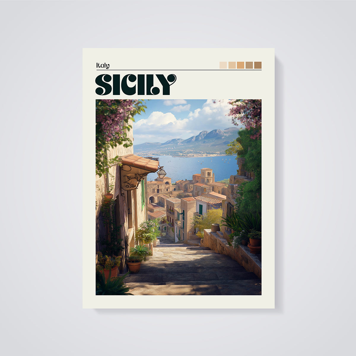 Sicily Coastal Alley Print unframed on a grey background