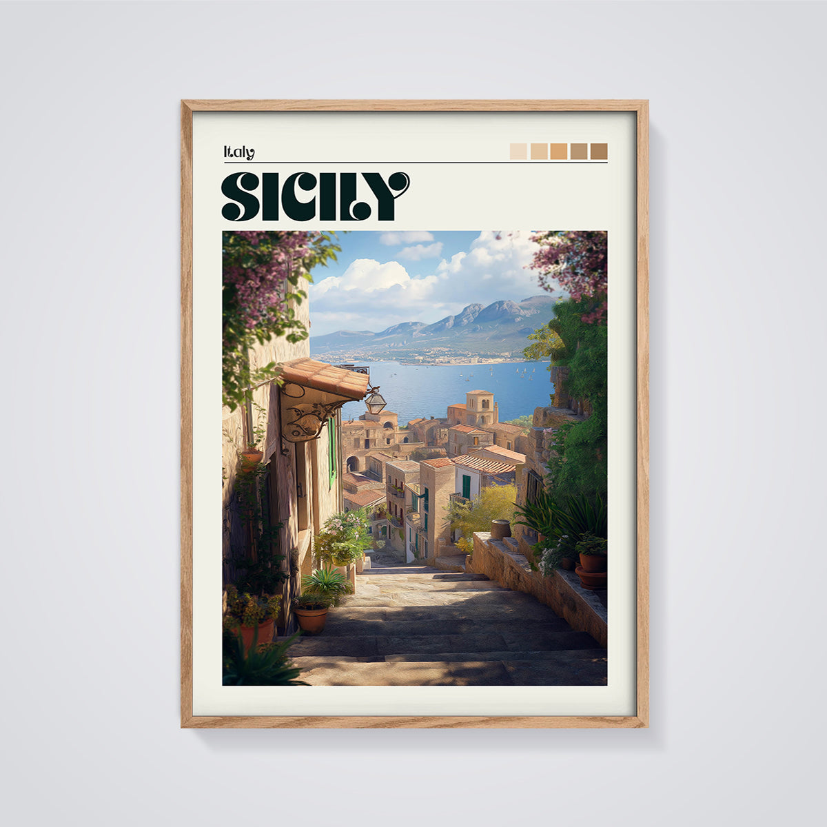 Sicily Coastal Alley Print framed in oak on a grey background
