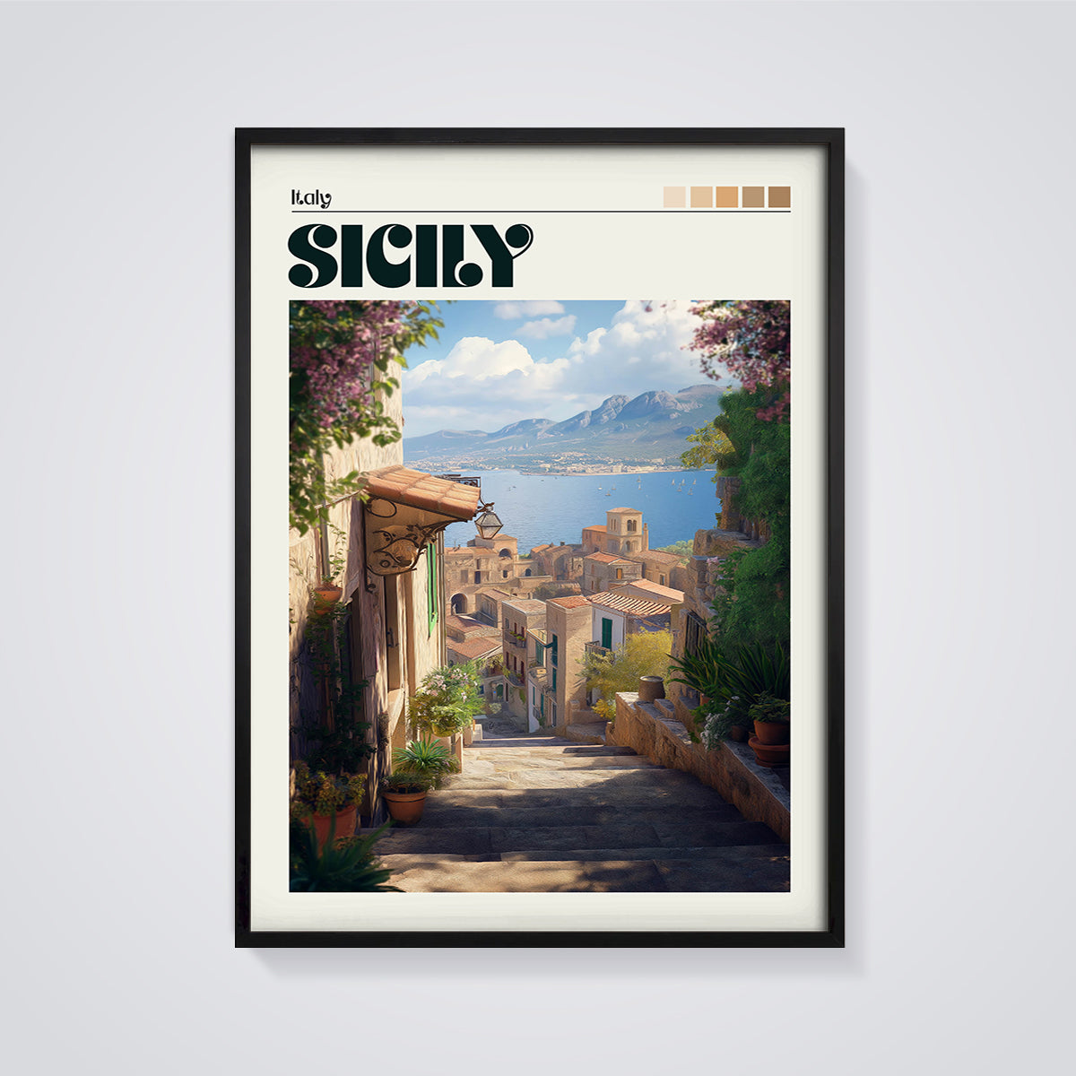 Sicily Coastal Alley Print framed in black on a grey background