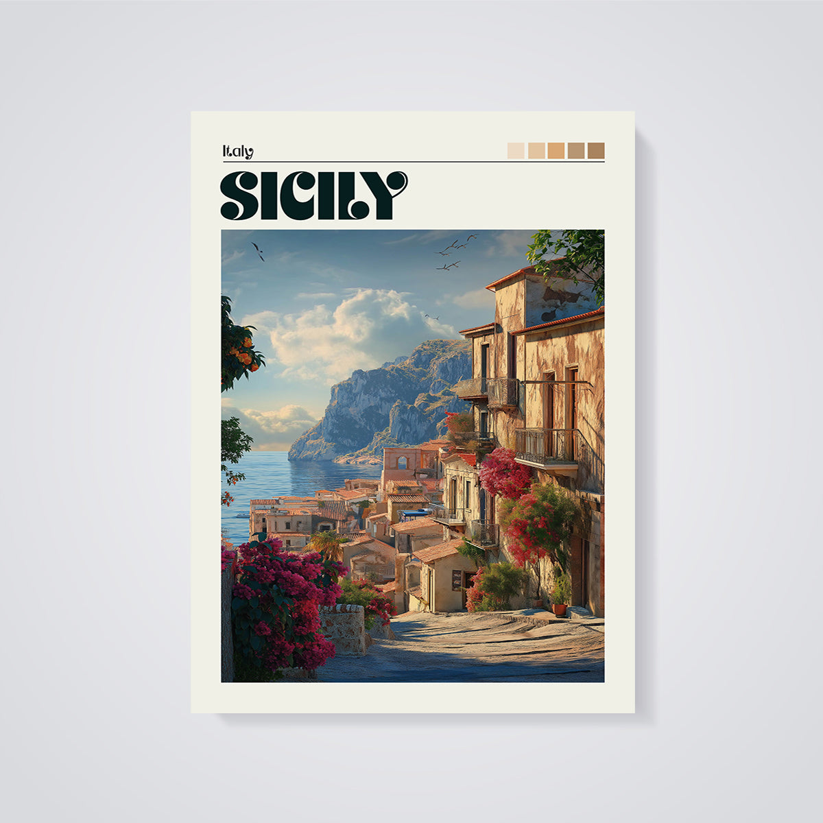 Sicily Coastal Village Print unframed on a grey background