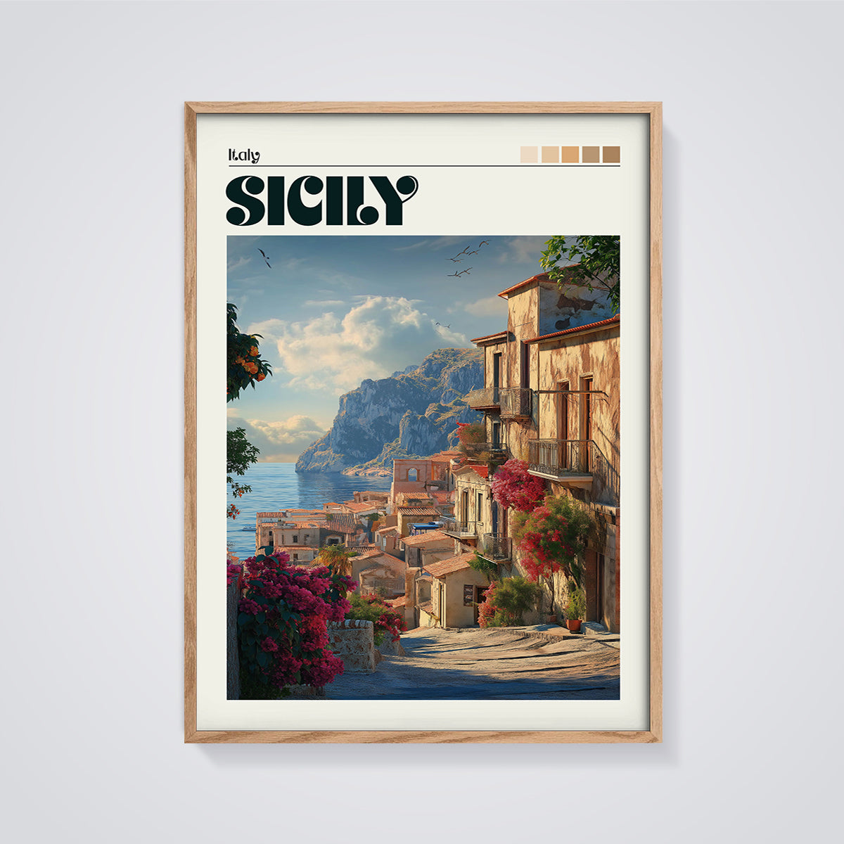 Sicily Coastal Village Print framed in oak on a grey background