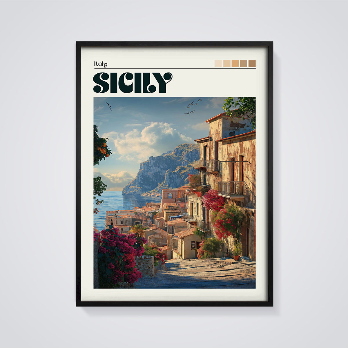 Sicily Coastal Village Print framed in black on a grey background