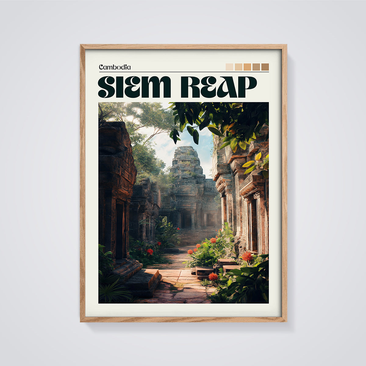 Siem Reap Temple Pathway Print framed in oak on a grey background