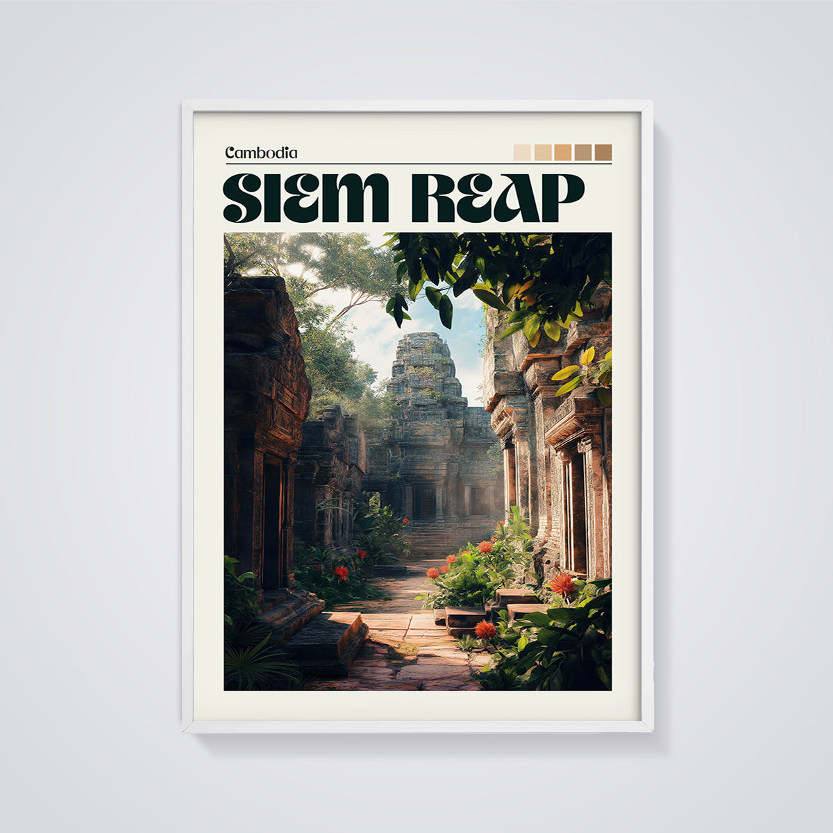 Siem Reap Temple Pathway Print framed in white on a grey background
