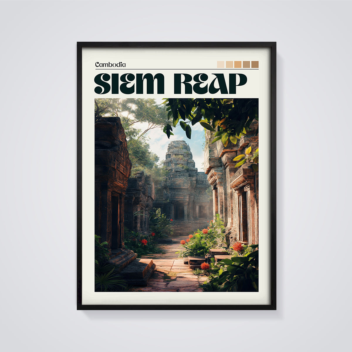Siem Reap Temple Pathway Print framed in black on a grey background