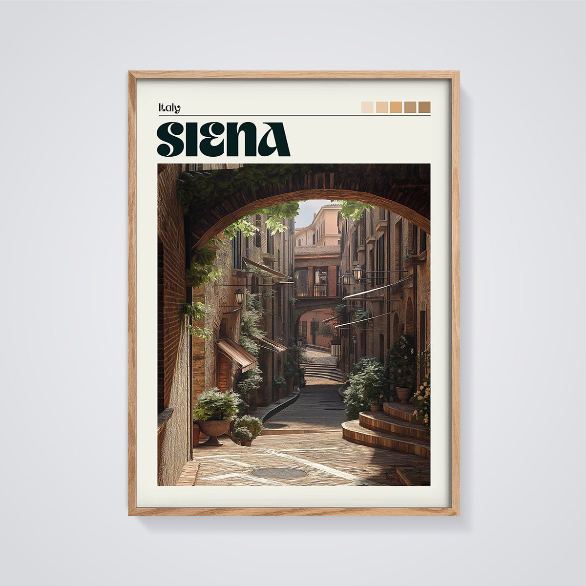 Siena Italy Alleyway Arch Print framed in oak on a grey background