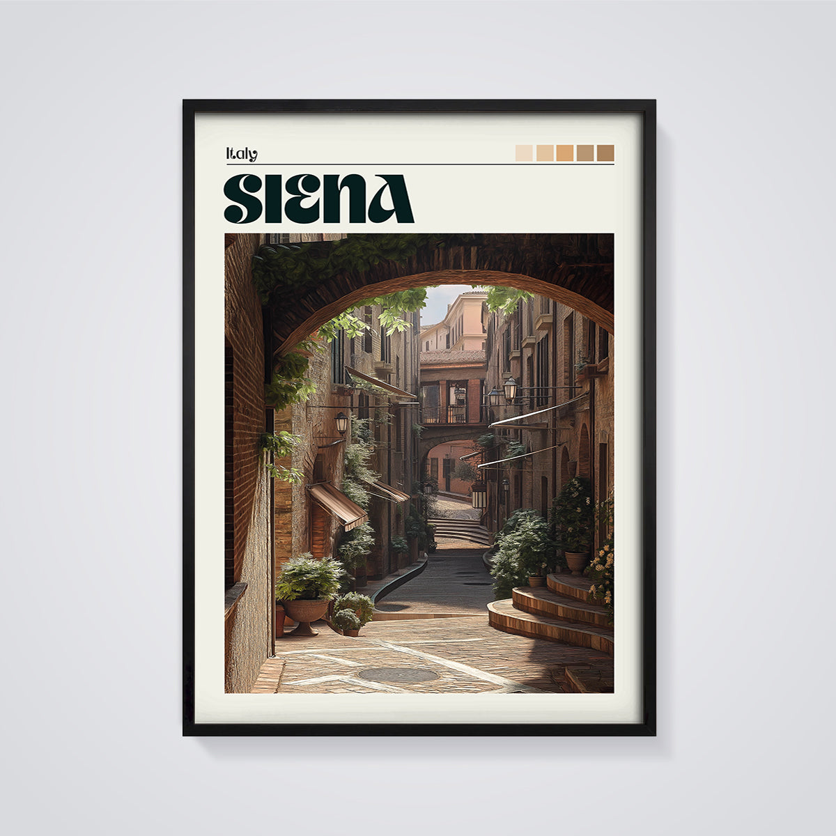 Siena Italy Alleyway Arch Print framed in black on a grey background