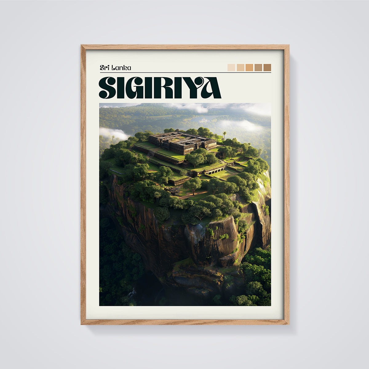 Sigiriya Rock Fortress Print framed in oak on a grey background