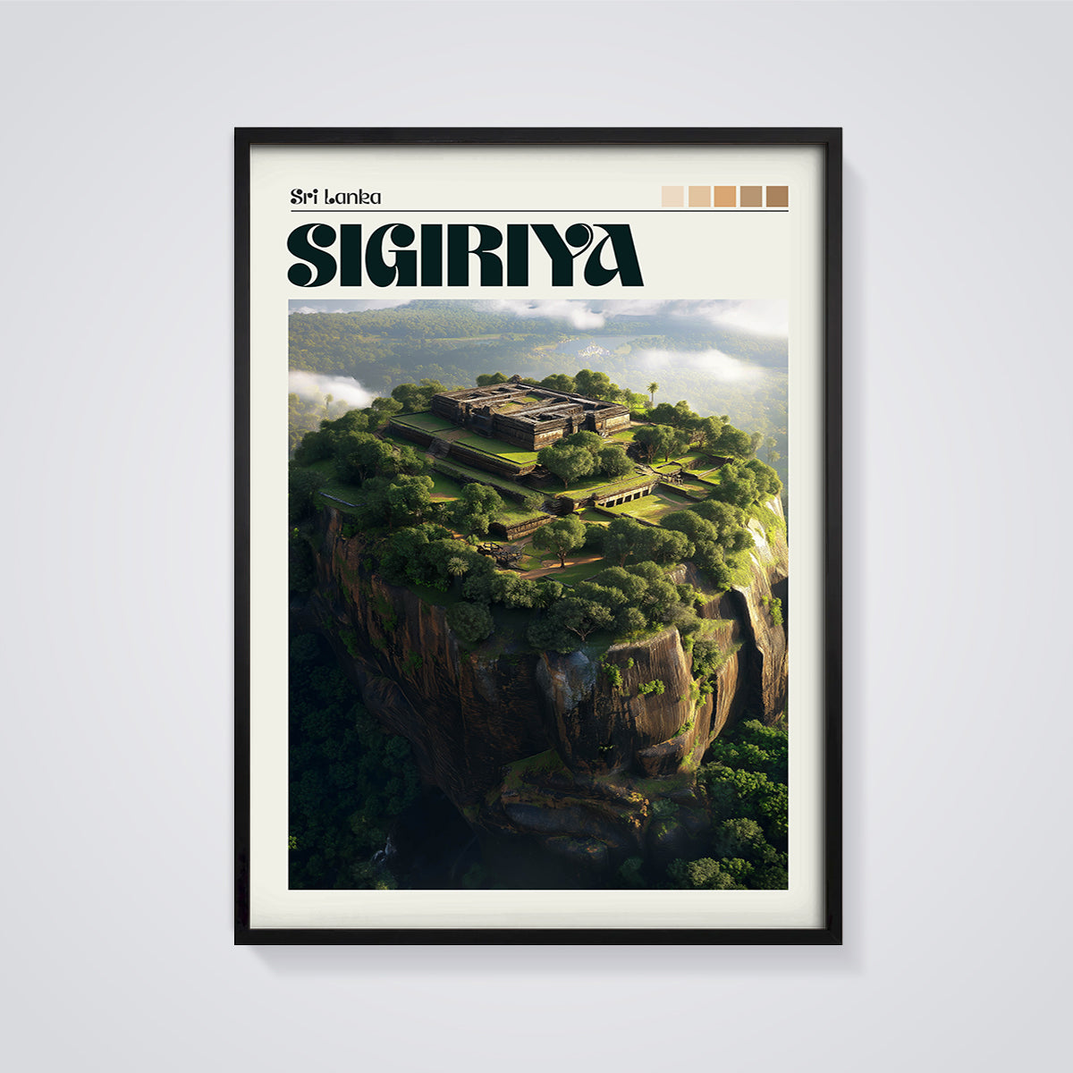 Sigiriya Rock Fortress Print framed in black on a grey background