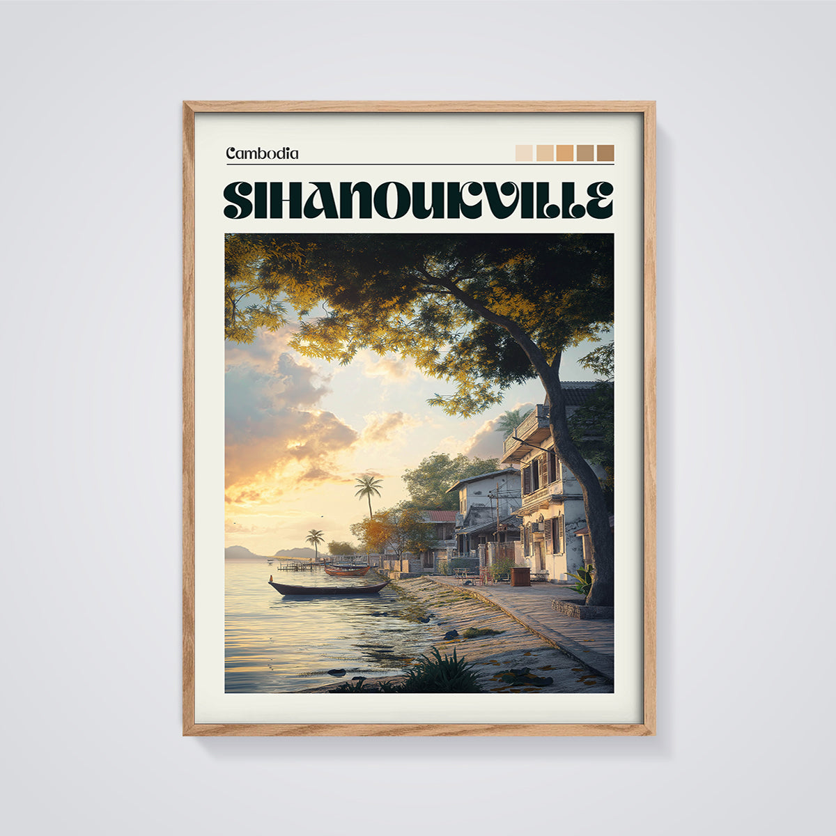 Sihanoukville Golden Hour Print framed in oak on a grey background