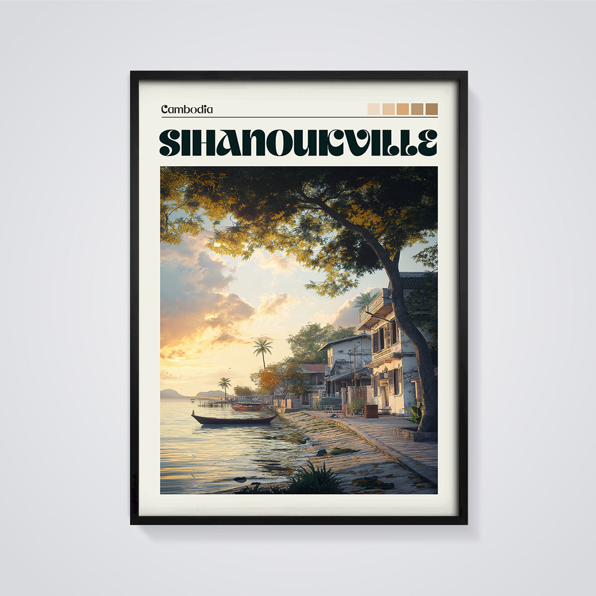 Sihanoukville Golden Hour Print framed in black on a grey background