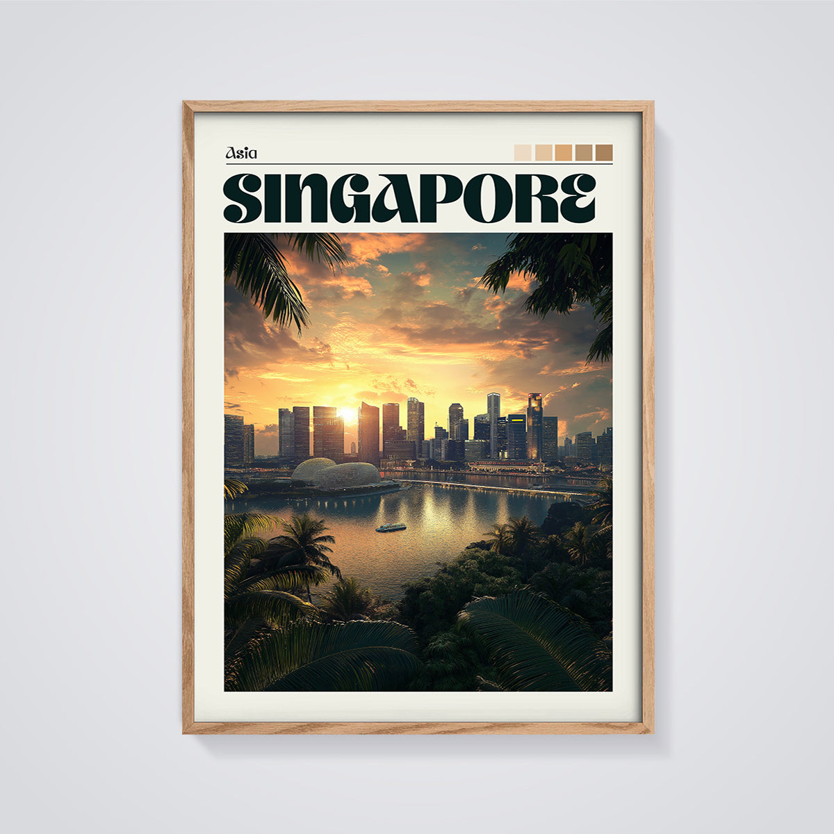 Singapore City Sunset Print framed in oak on a grey background