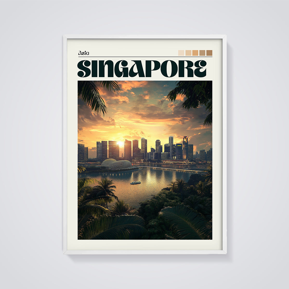 Singapore City Sunset Print framed in white on a grey background