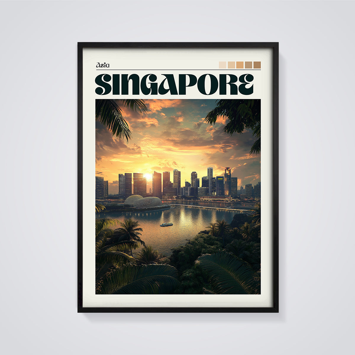 Singapore City Sunset Print framed in black on a grey background