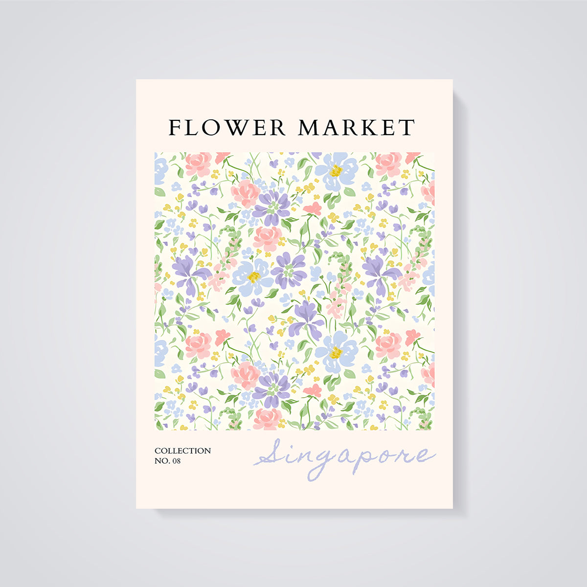 Singapore Flower Market Print unframed on a grey background
