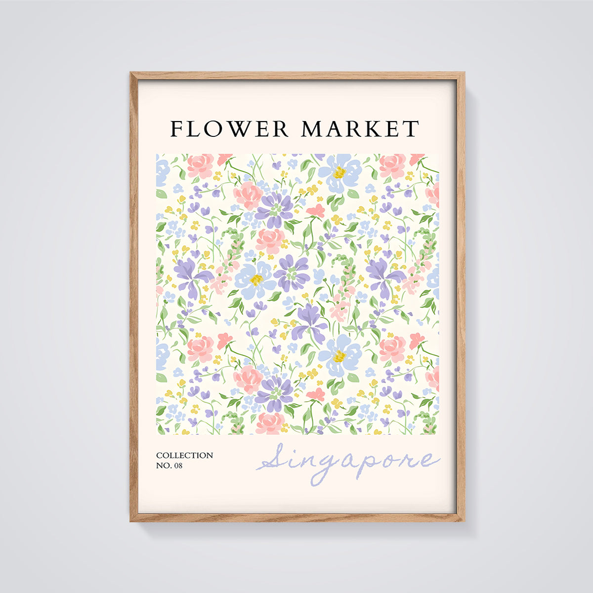 Singapore Flower Market Print framed in oak on a grey background
