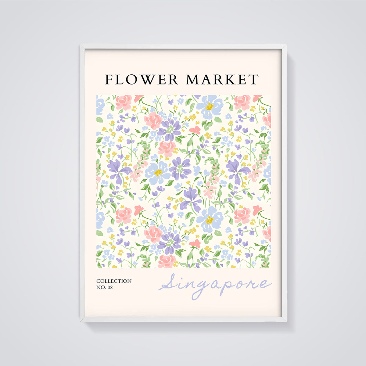 Singapore Flower Market Print framed in white on a grey background