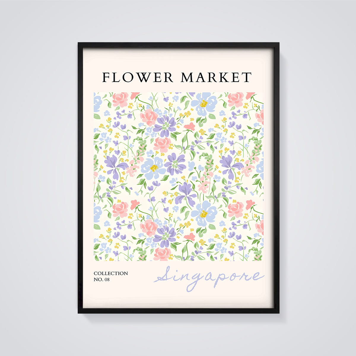 Singapore Flower Market Print framed in black on a grey background