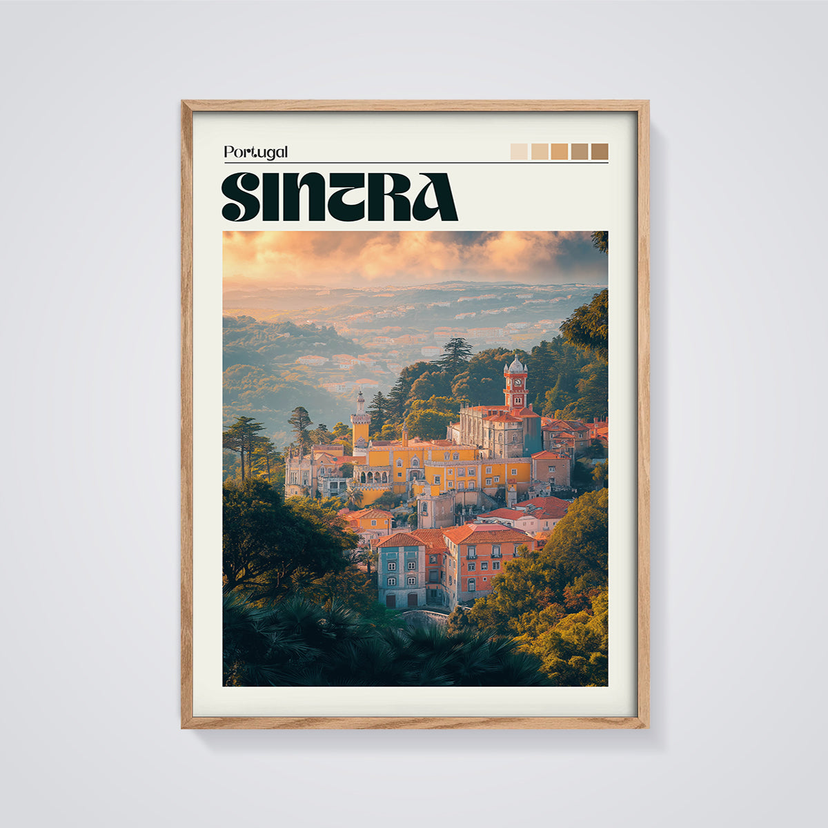 Sintra Portugal Pena Palace Print framed in oak on a grey background