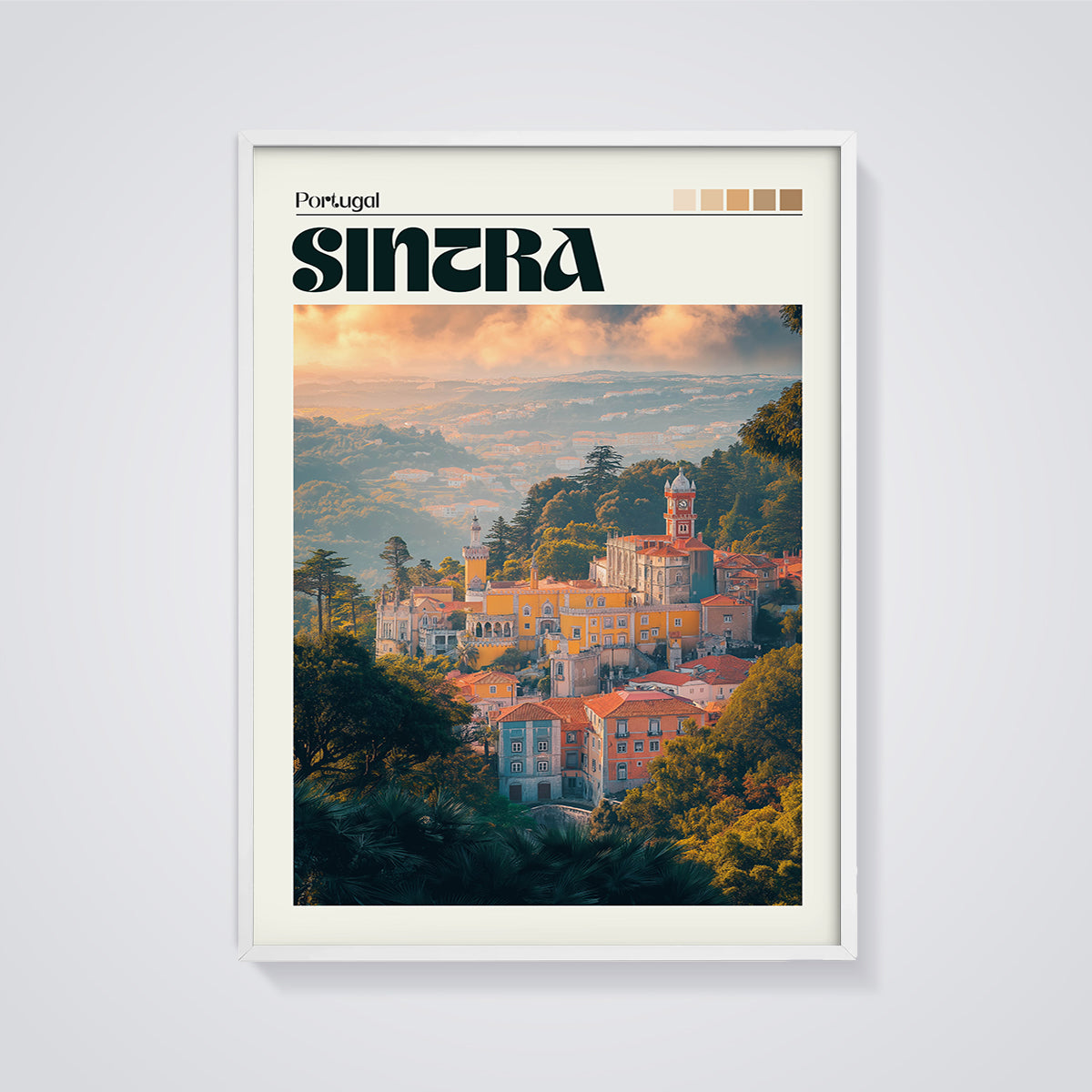 Sintra Portugal Pena Palace Print framed in white on a grey background