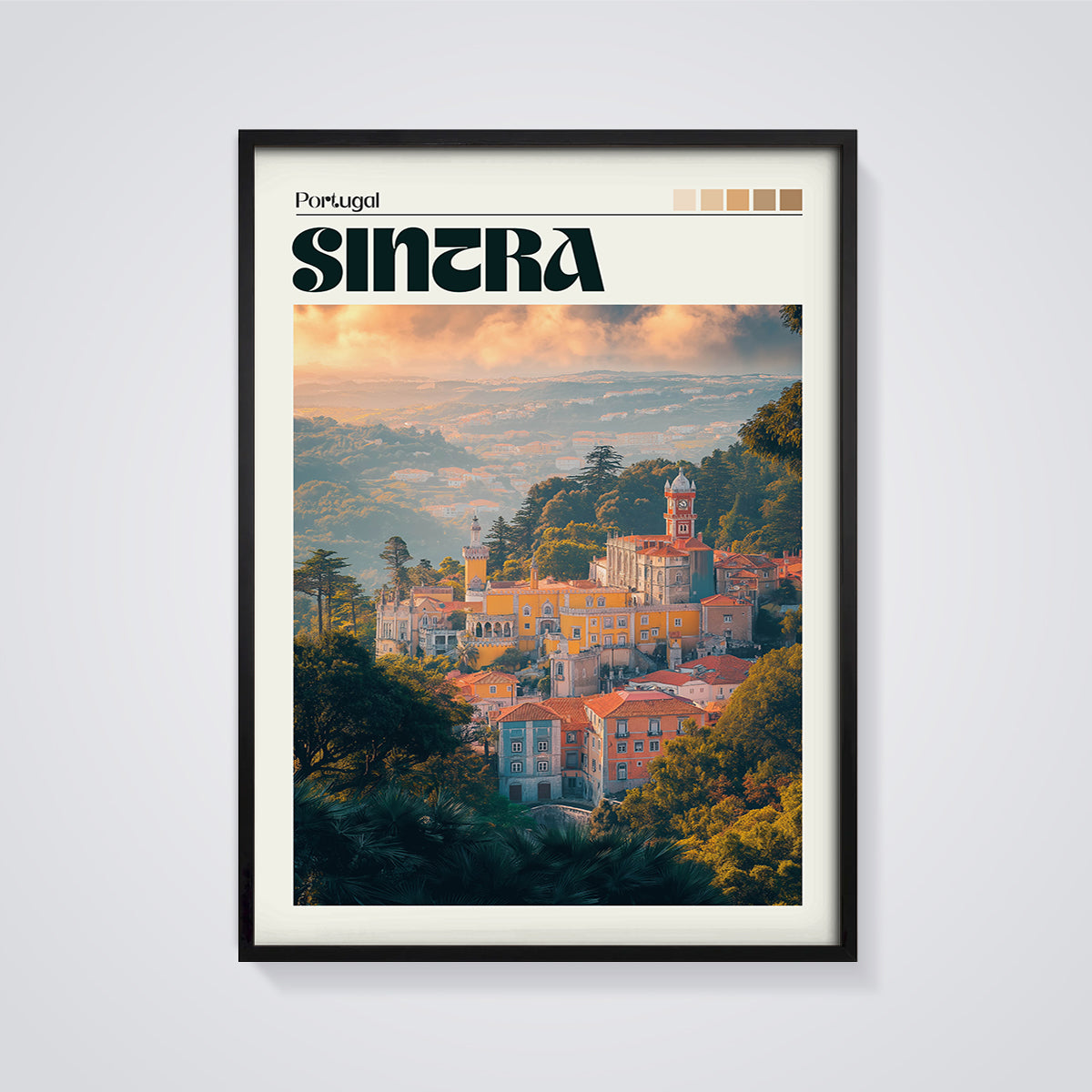 Sintra Portugal Pena Palace Print framed in black on a grey background