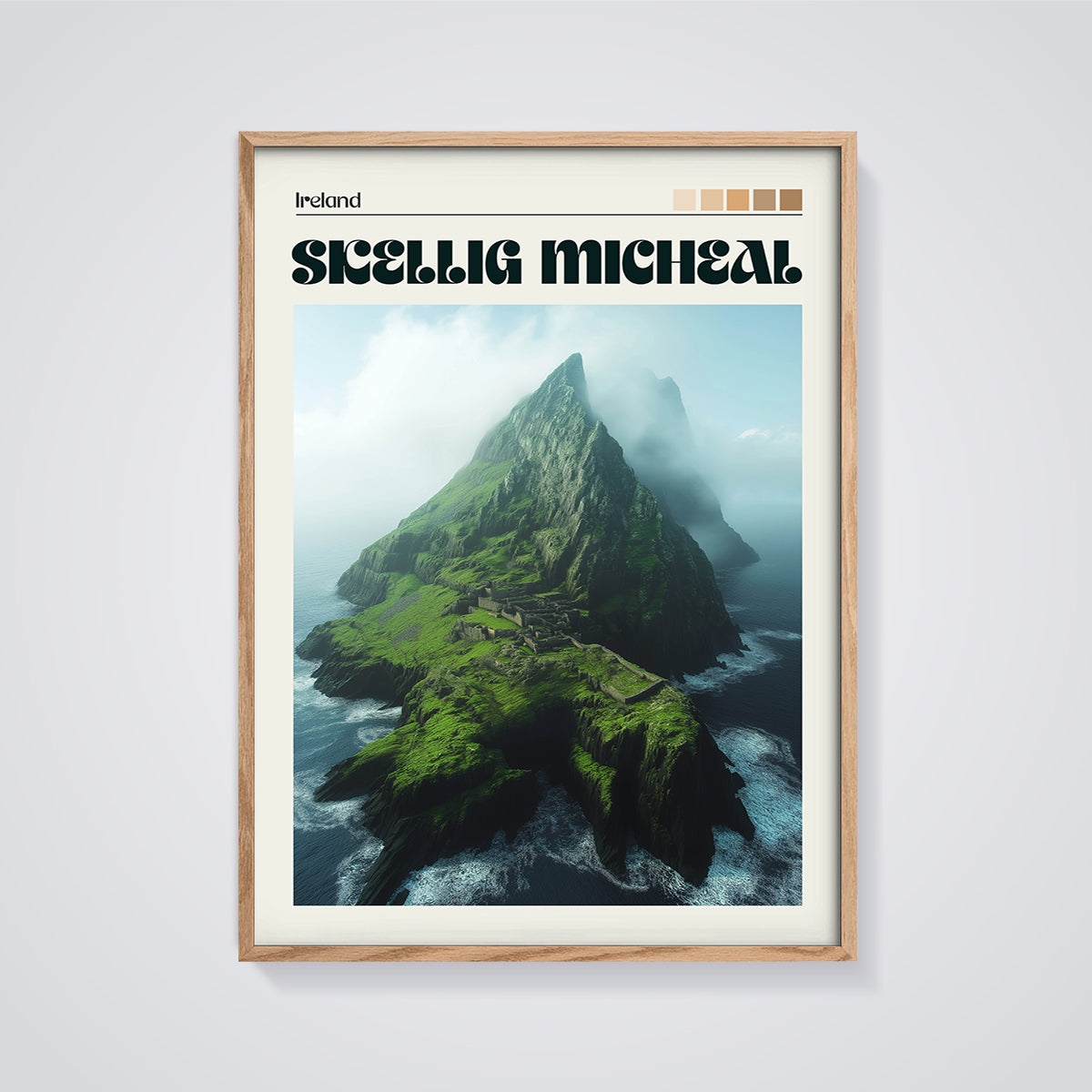 Skellig Michael Island Print framed in oak on a grey background