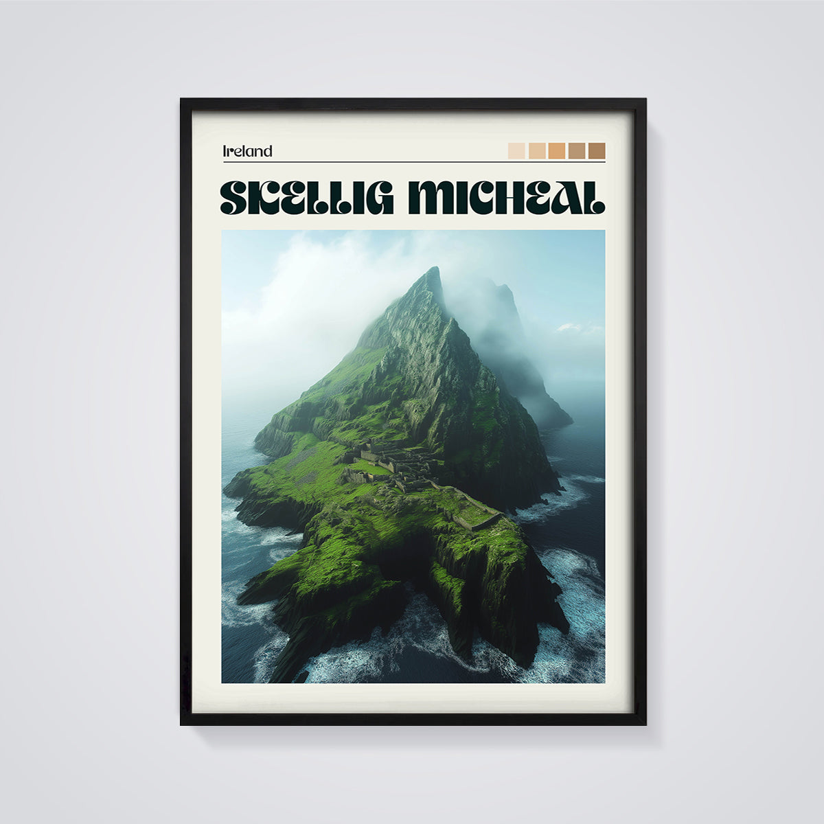 Skellig Michael Island Print framed in black on a grey background