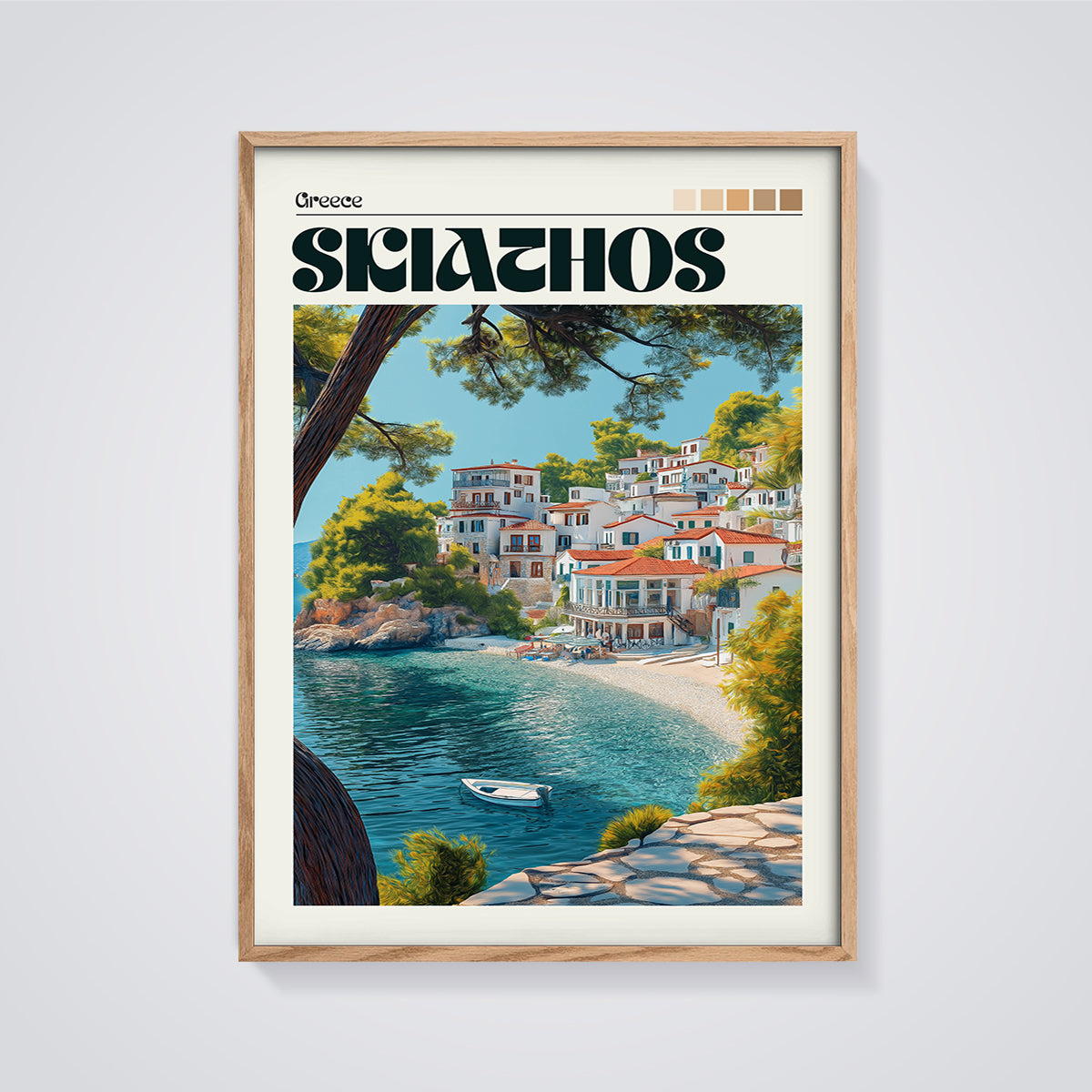 Skiathos Greece Coastal Village Print framed in oak on a grey background