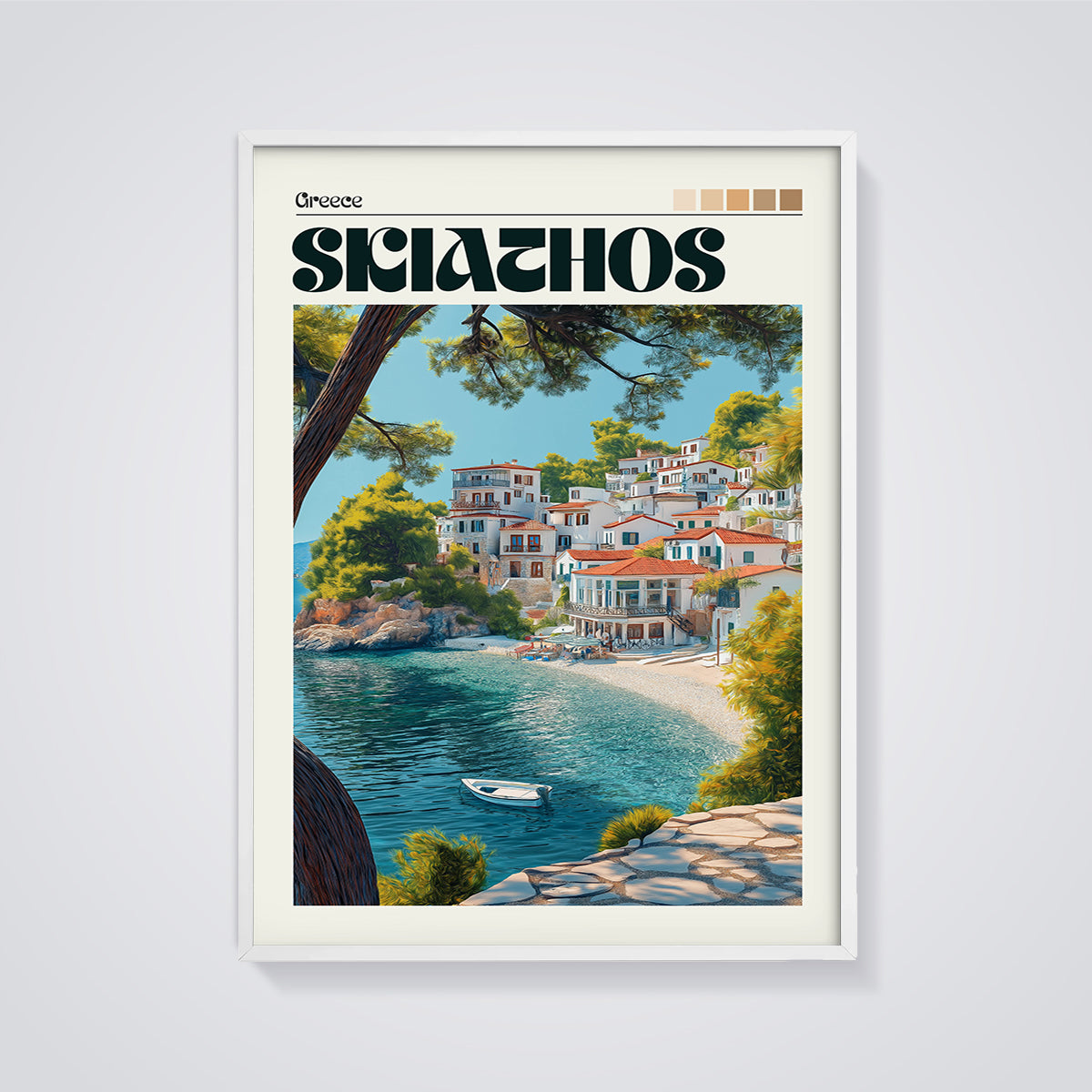 Skiathos Greece Coastal Village Print framed in white on a grey background