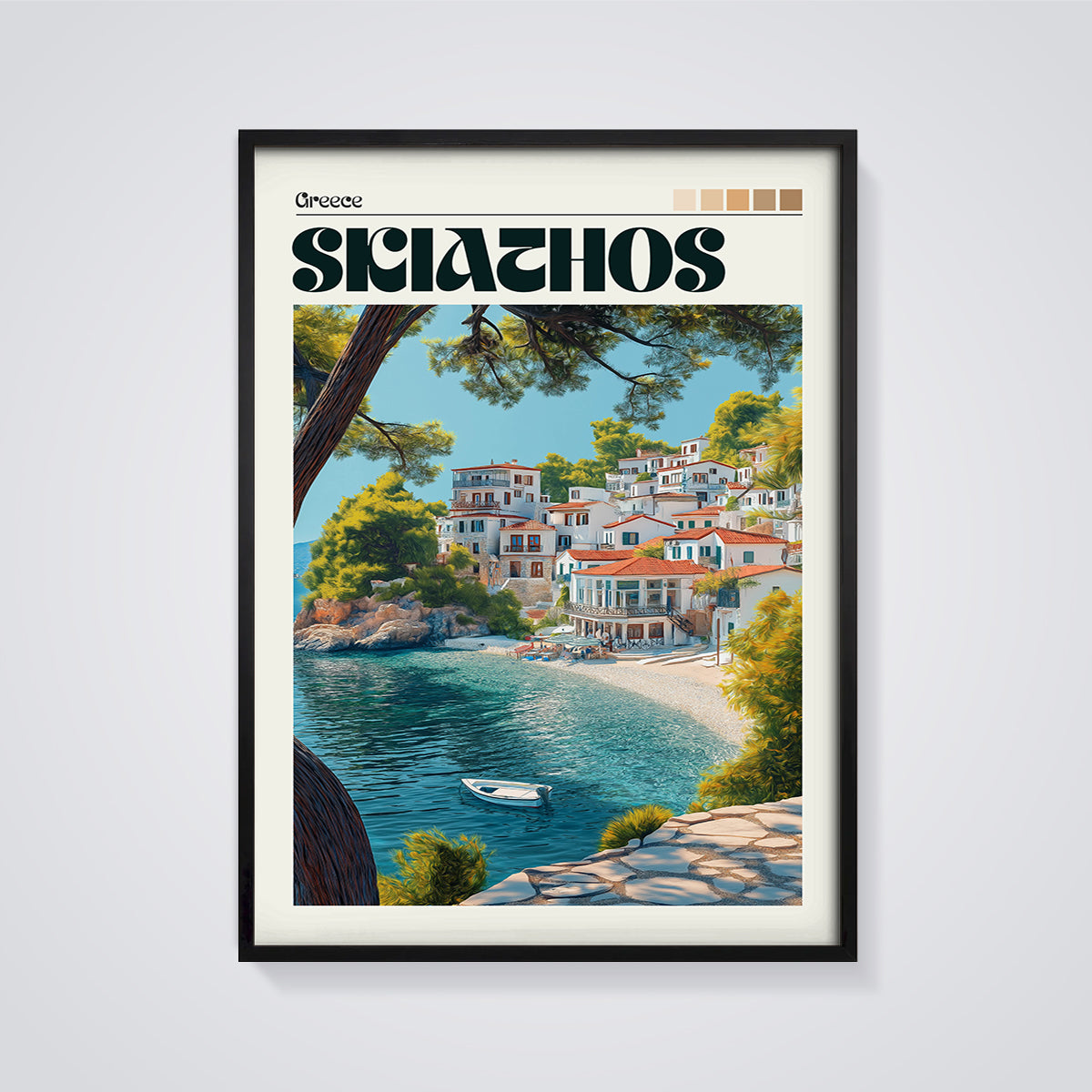 Skiathos Greece Coastal Village Print framed in black on a grey background