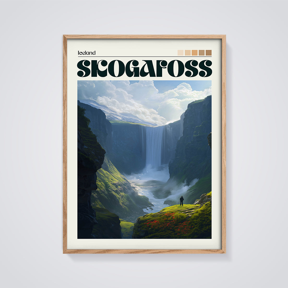 Skogafoss Iceland Waterfall Print framed in oak on a grey background