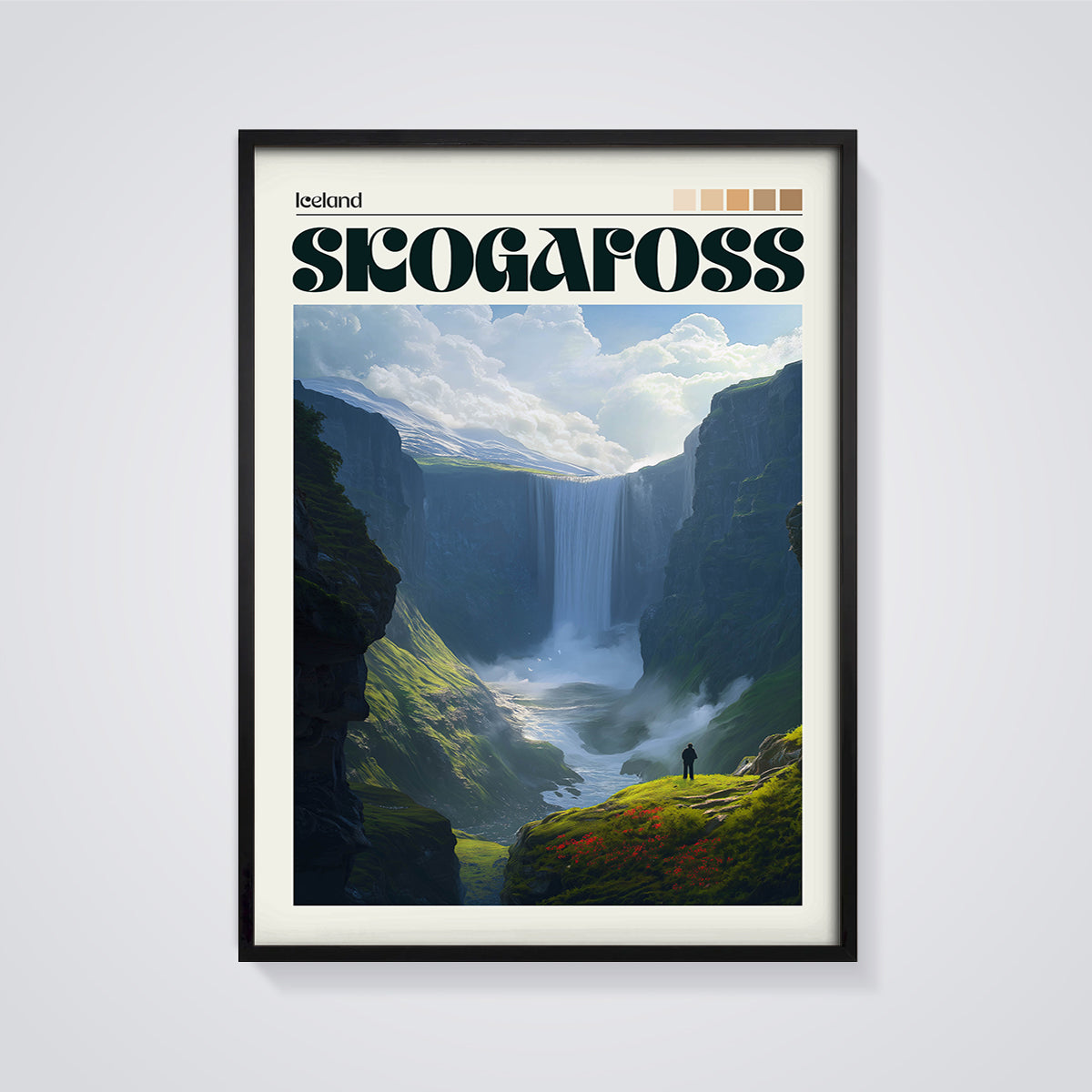 Skogafoss Iceland Waterfall Print framed in black on a grey background