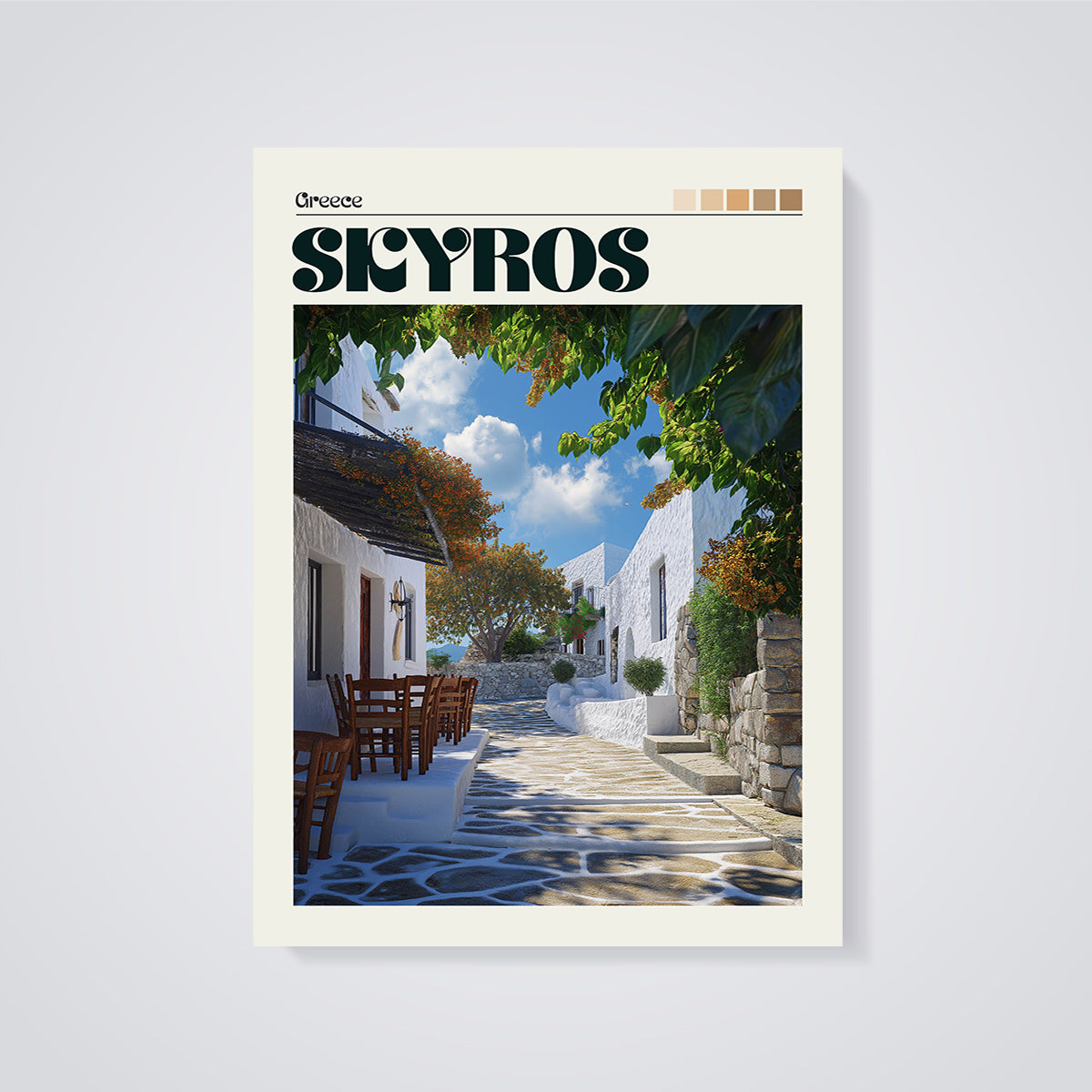 Skyros Village Alley Print unframed on a grey background