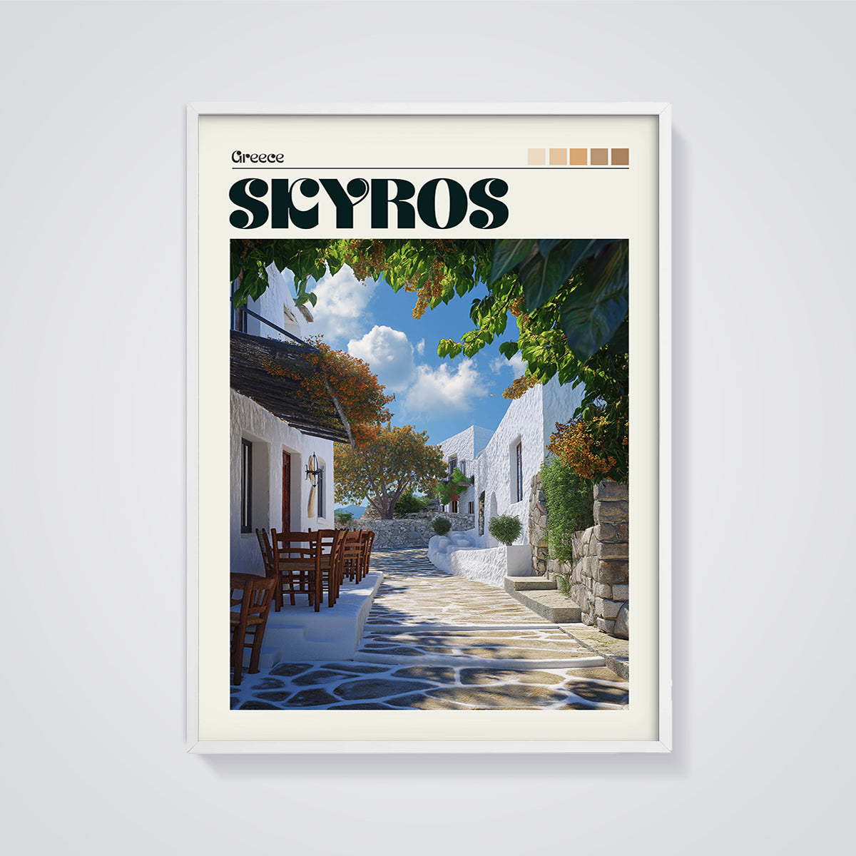 Skyros Village Alley Print framed in white on a grey background
