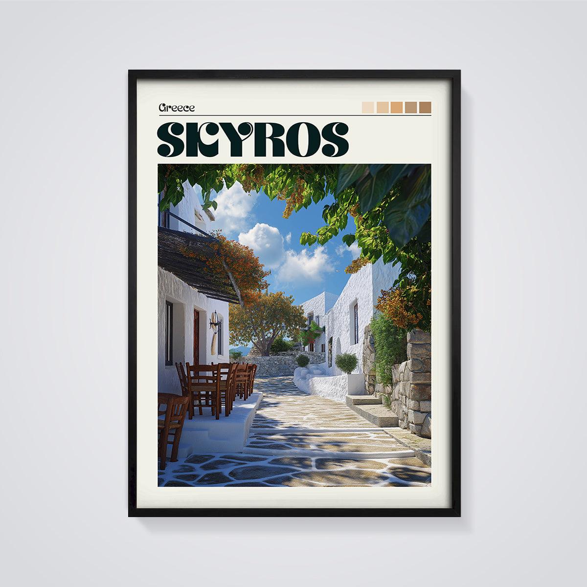 Skyros Village Alley Print framed in black on a grey background